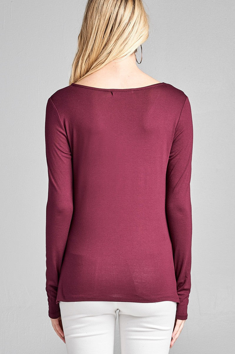 Ladies fashion long sleeve v-neck front twisted rayon spandex crepe top