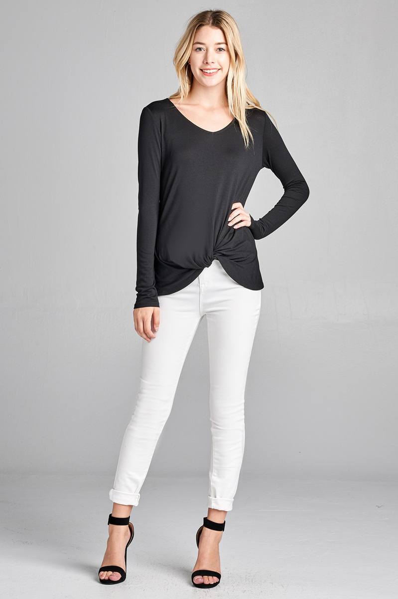 Ladies fashion long sleeve v-neck front twisted rayon spandex crepe top