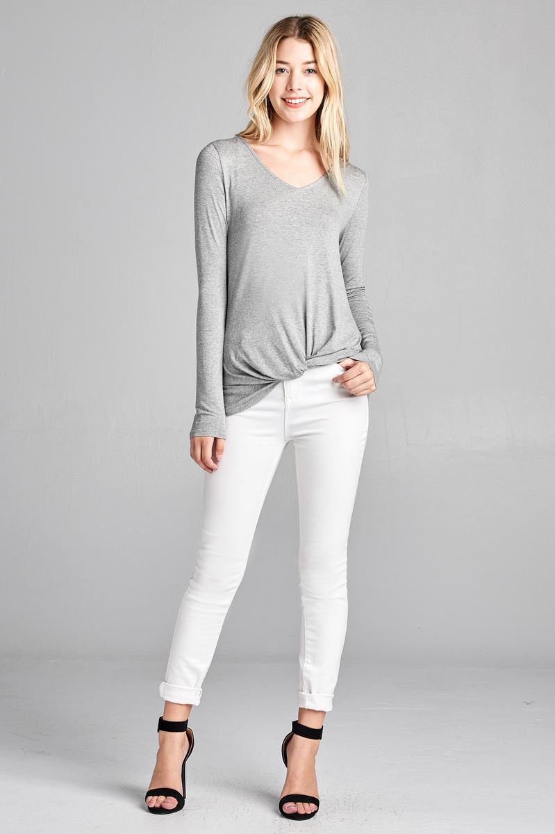 Ladies fashion long sleeve v-neck front twisted rayon spandex crepe top