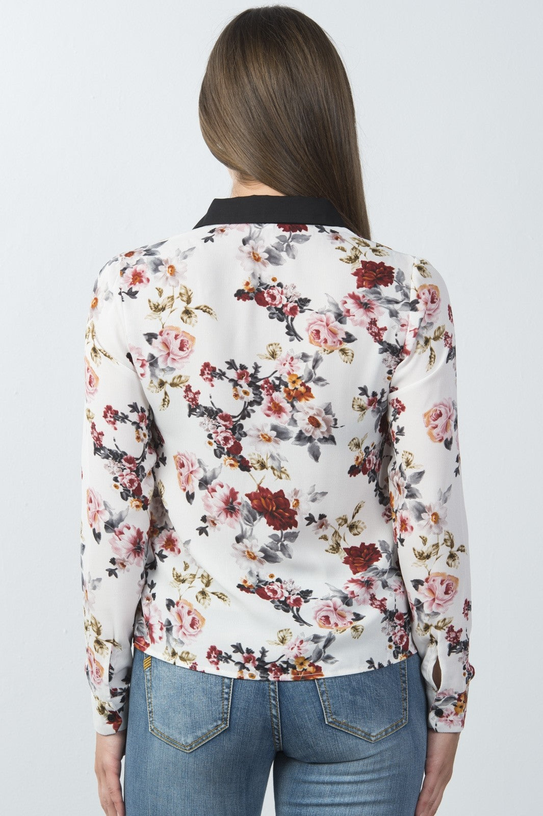Ladies fashion long sleeve button down lace trim top