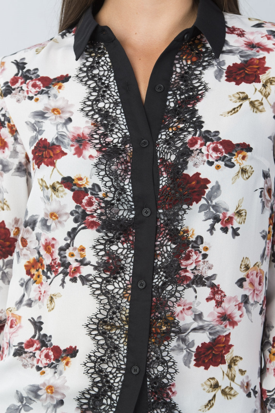 Ladies fashion long sleeve button down lace trim top
