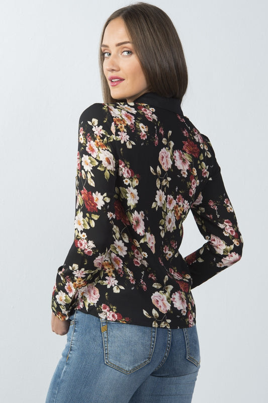 Ladies fashion long sleeve button down lace trim top