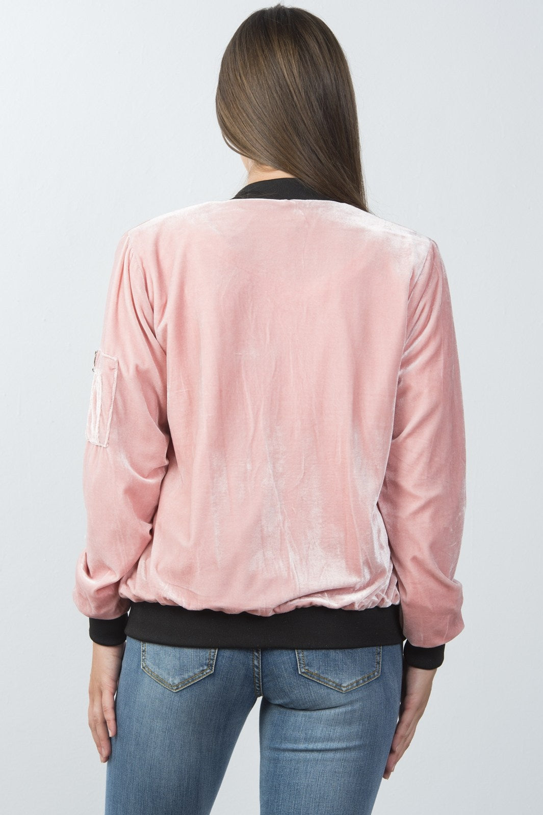 Ladies fashion contrast cuffs velvet bomber jacket