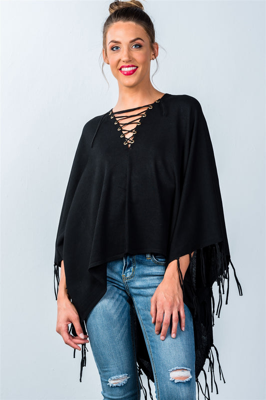 Ladies fashion lace-up front and fringed hem poncho