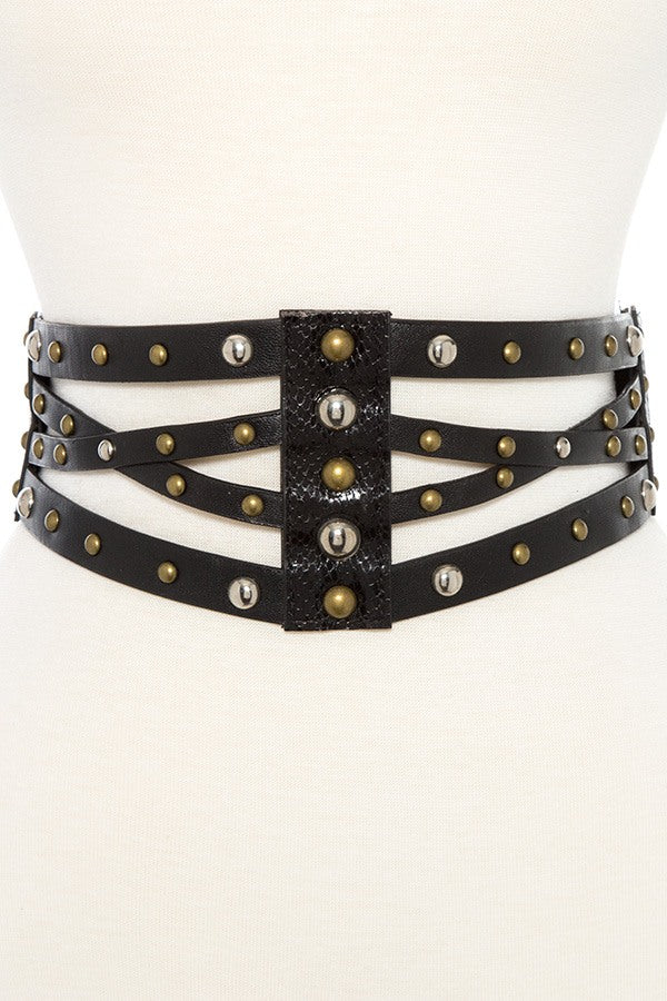 Cut out crossed faux leather stretch belt