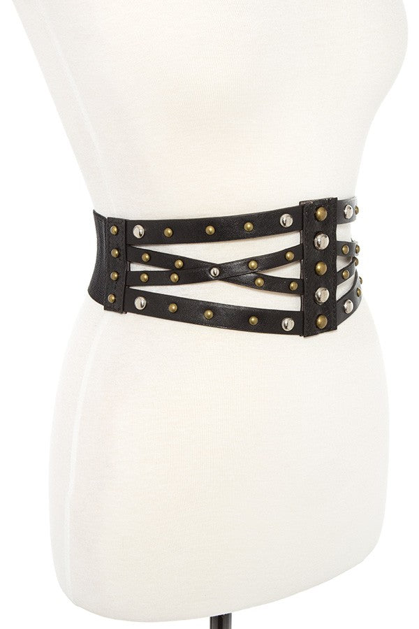 Cut out crossed faux leather stretch belt