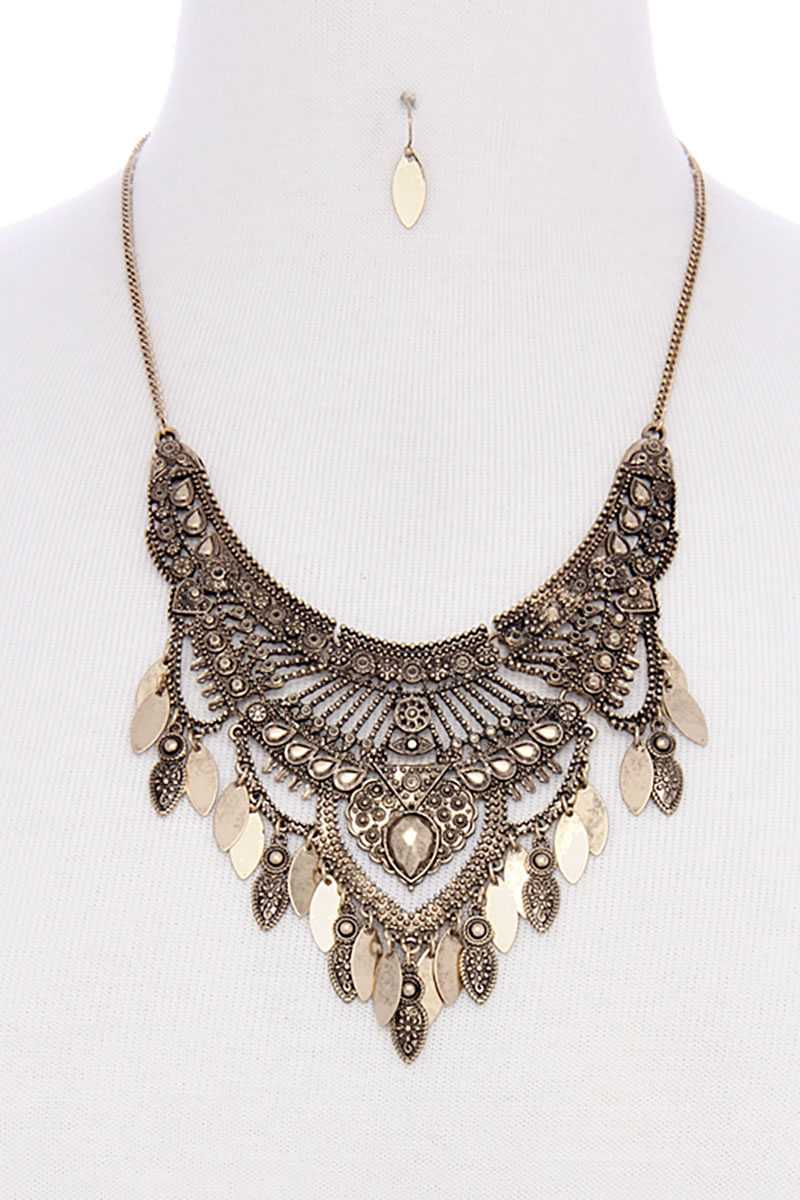 Antique metal pointed oval shape dangle bib statement necklace