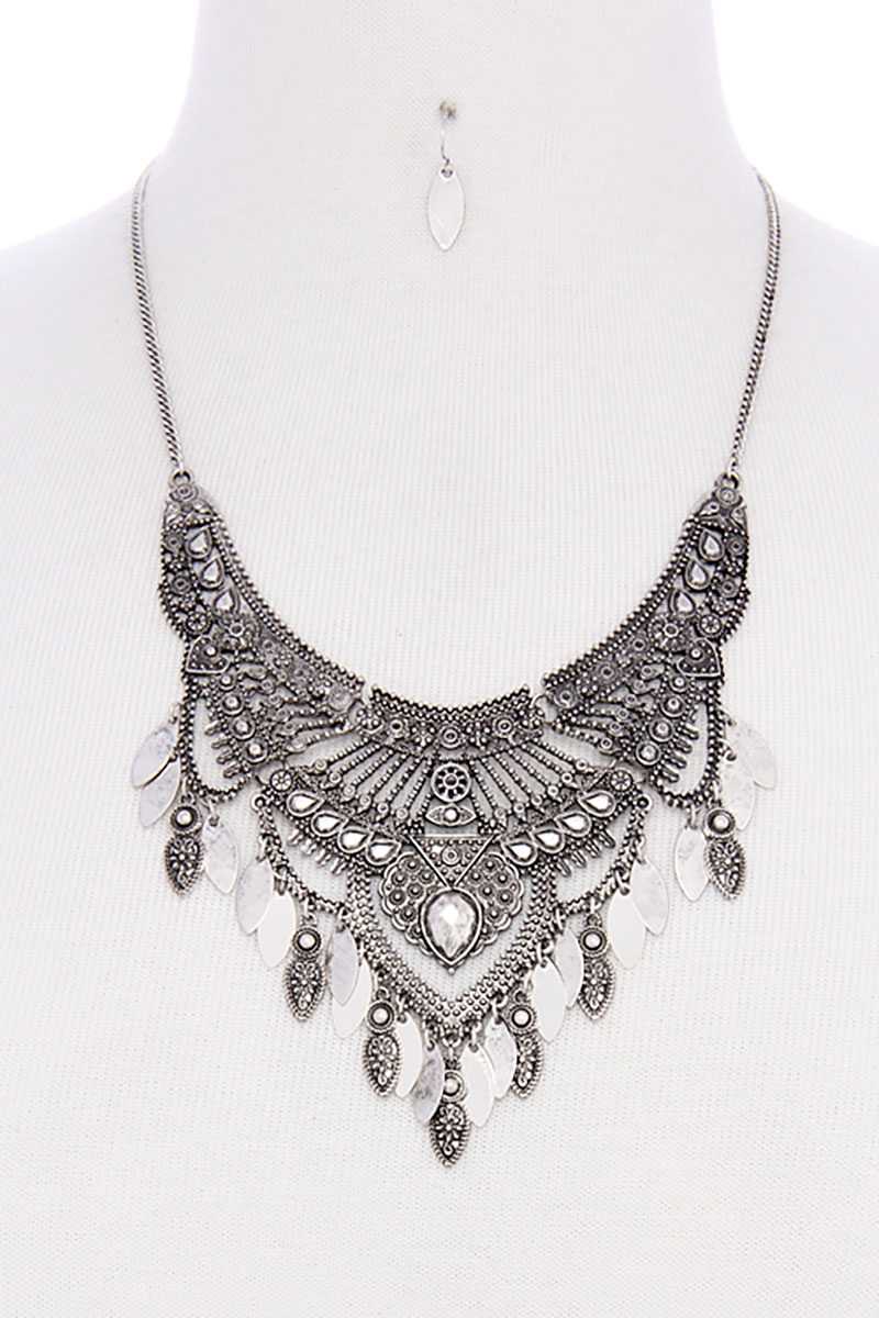 Antique metal pointed oval shape dangle bib statement necklace