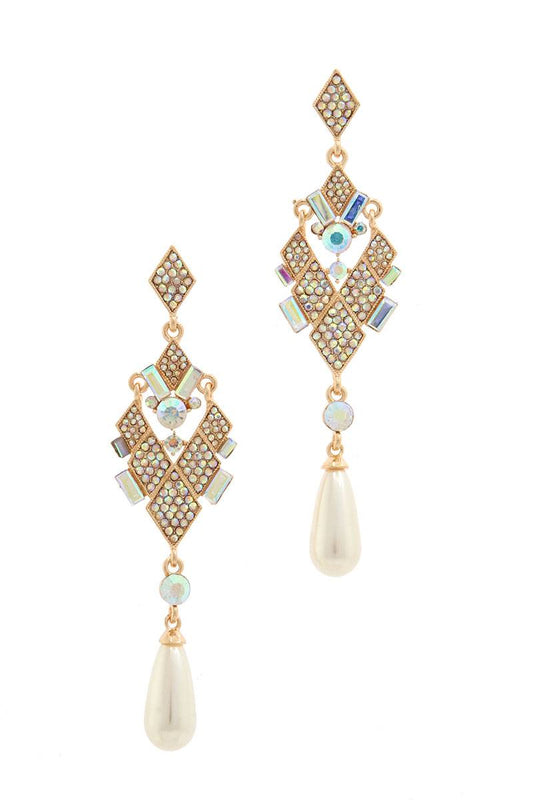 Pearl tear drop shape rhinestone earring