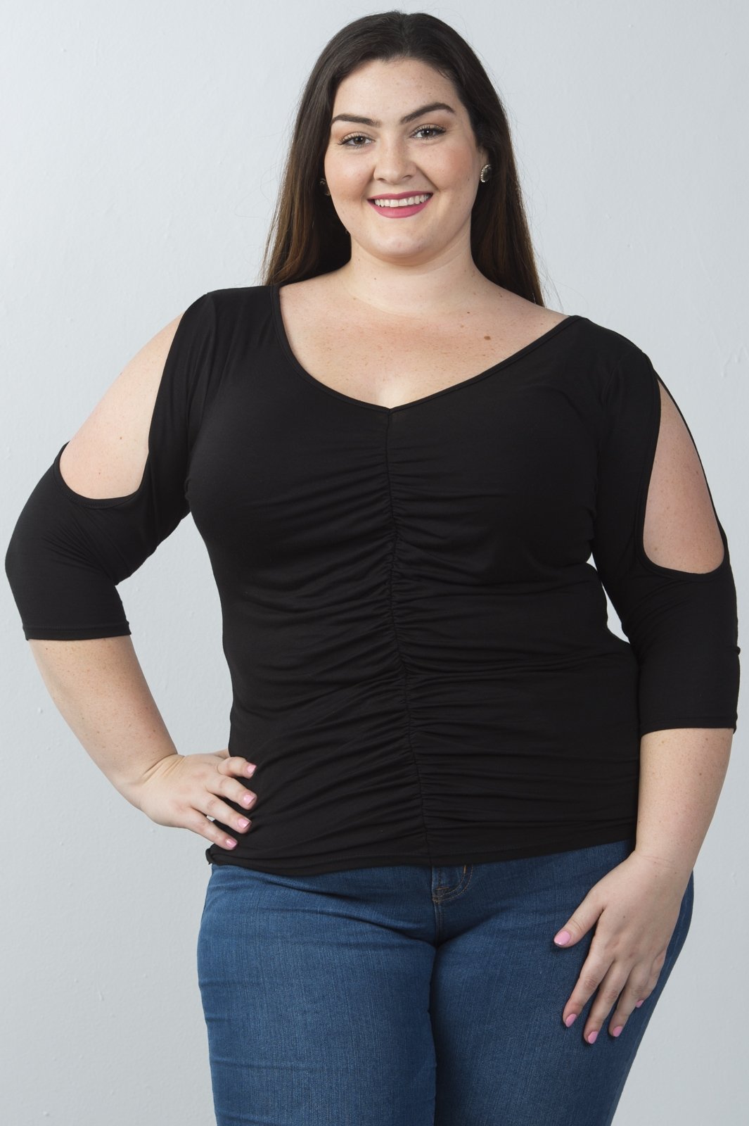 Ladies fashion plus size v neckline slit sleeve ruched front top