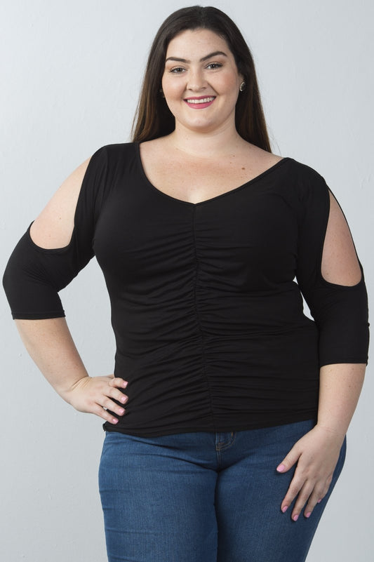 Ladies fashion plus size v neckline slit sleeve ruched front top