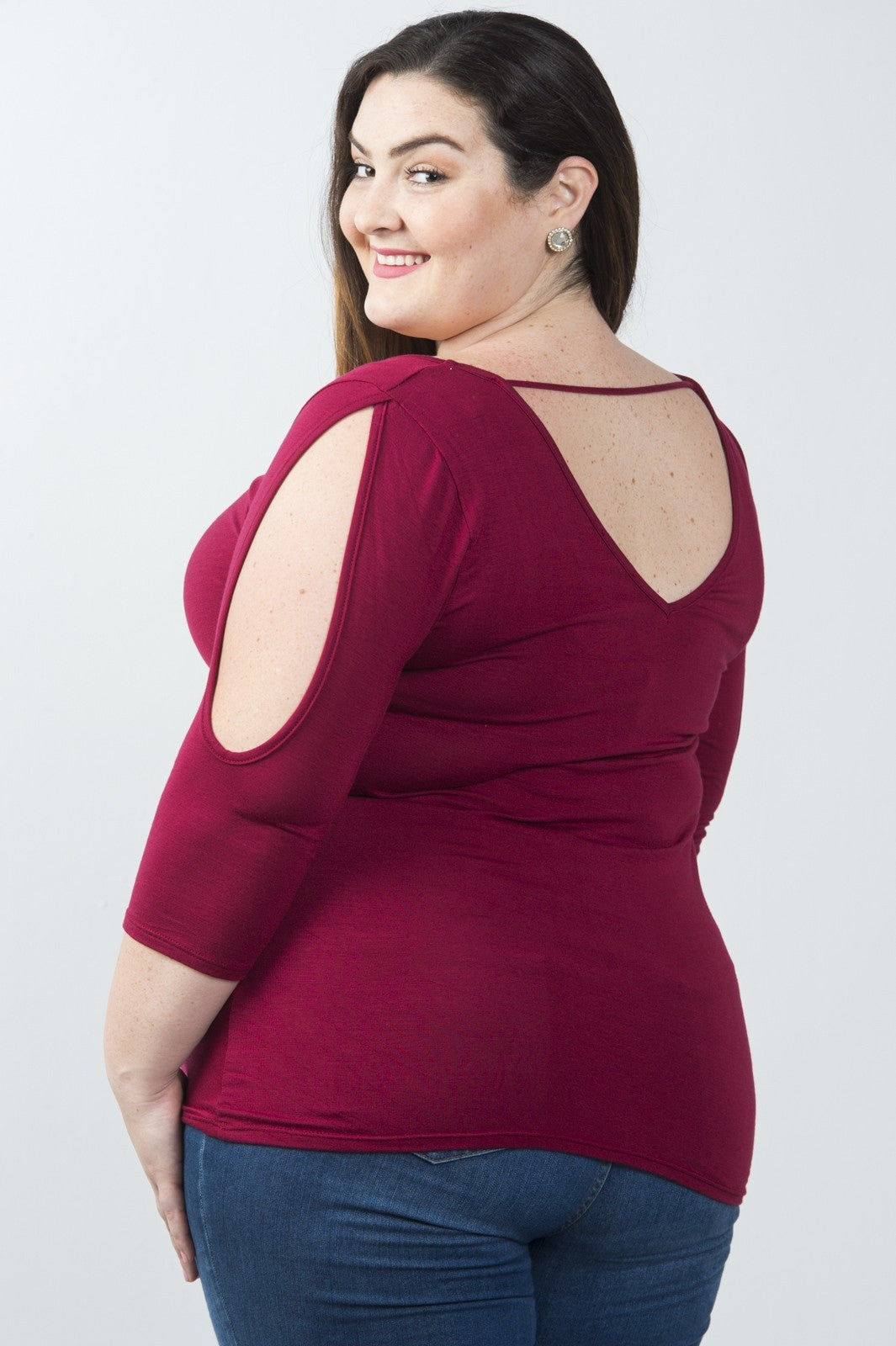 Ladies fashion plus size v neckline slit sleeve ruched front top