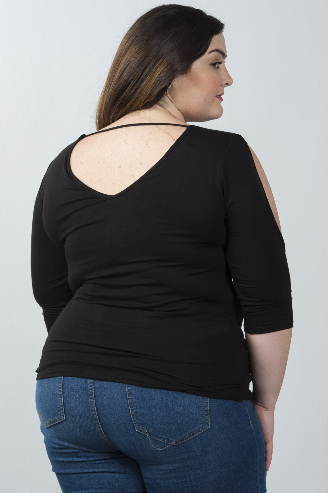 Ladies fashion plus size v neckline slit sleeve ruched front top