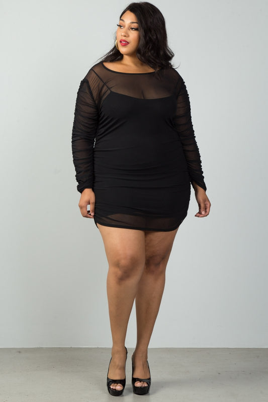 Ladies fashion plus size long sleeves sheer mesh ruched mini dress