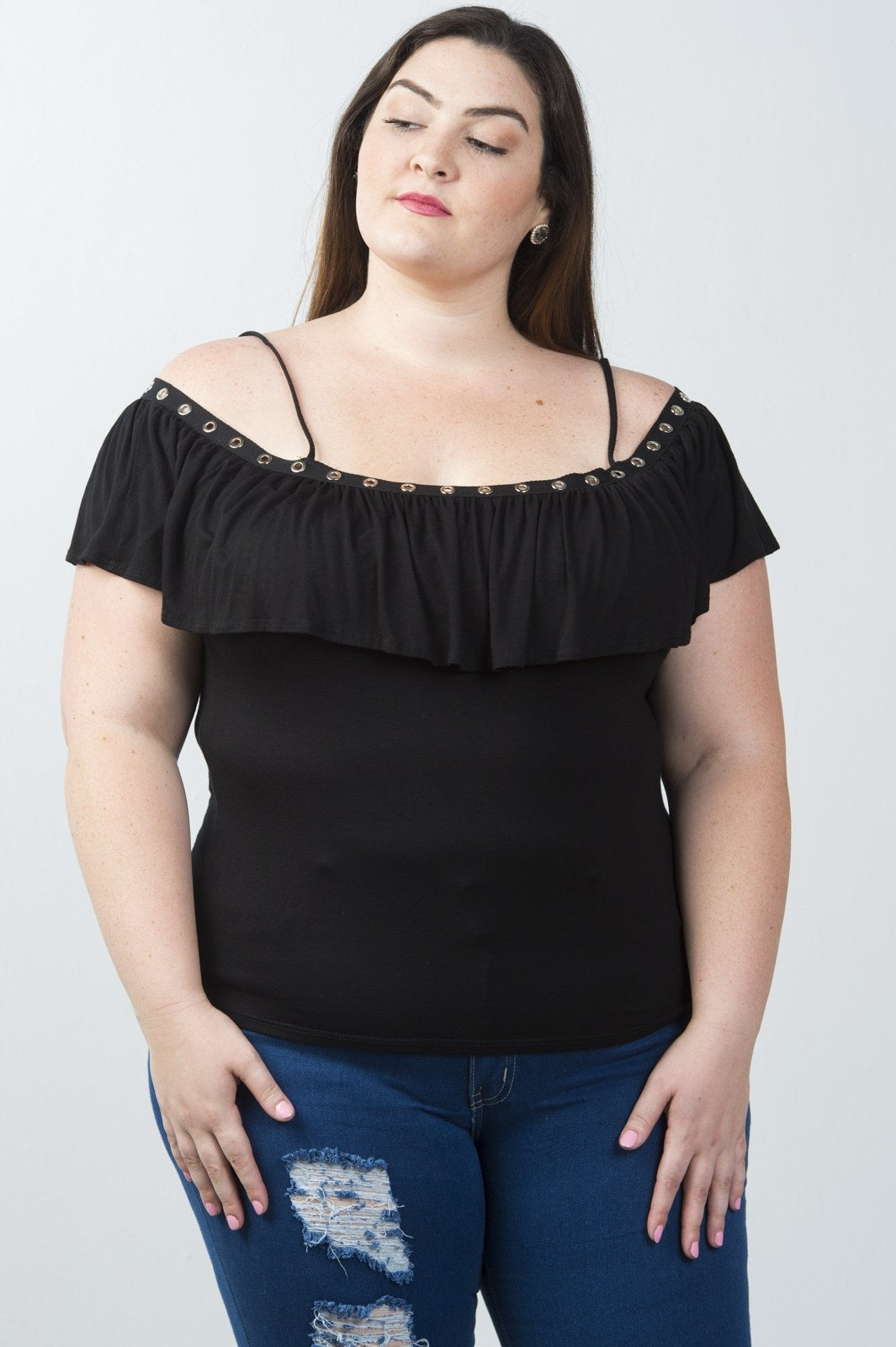 Ladies fashion plus size grommet-detail trim cold shoulder top