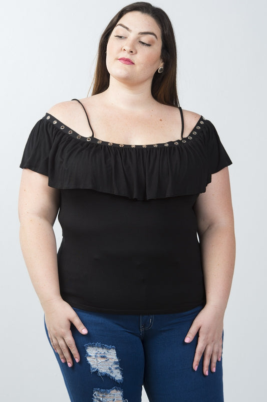 Ladies fashion plus size grommet-detail trim cold shoulder top
