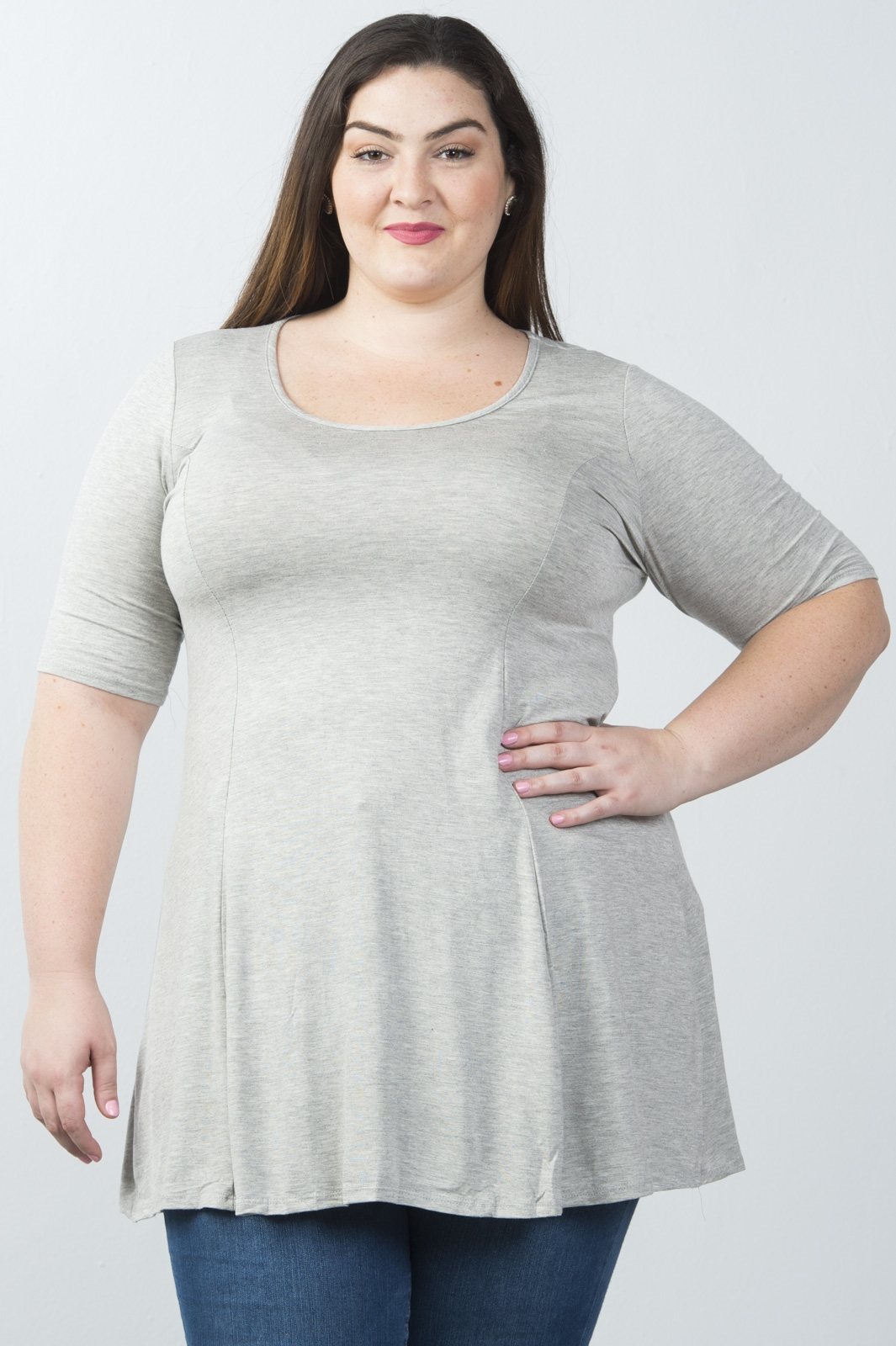 Ladies fashion plus size 3/4 sleeves solid knit tunic top
