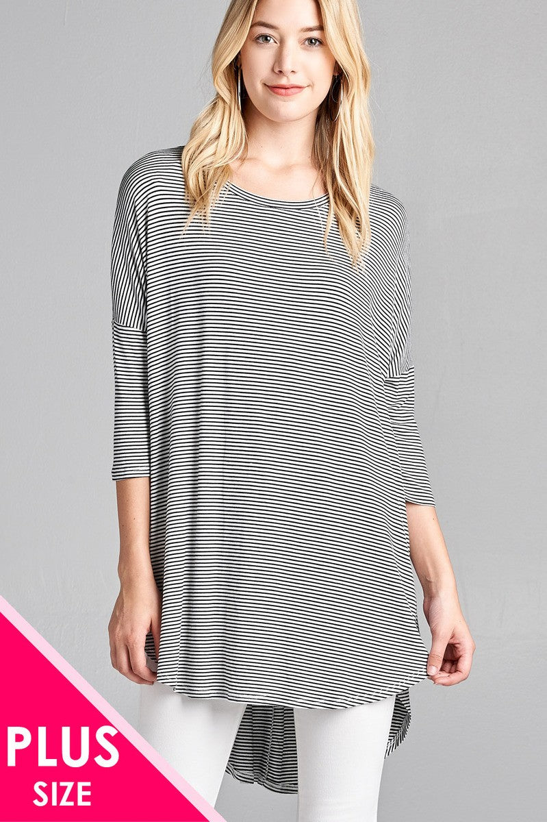 Ladies fashion plus size 3/4 dolman sleeve round neck w/back flare dart detail high and low stripe rayon spandex top