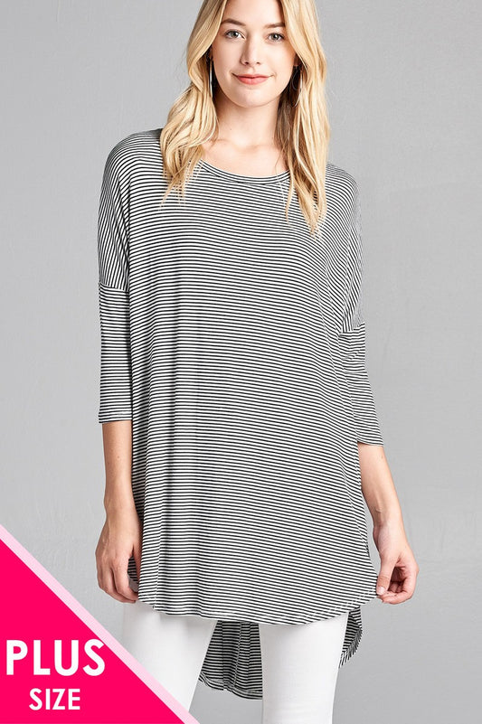 Ladies fashion plus size 3/4 dolman sleeve round neck w/back flare dart detail high and low stripe rayon spandex top