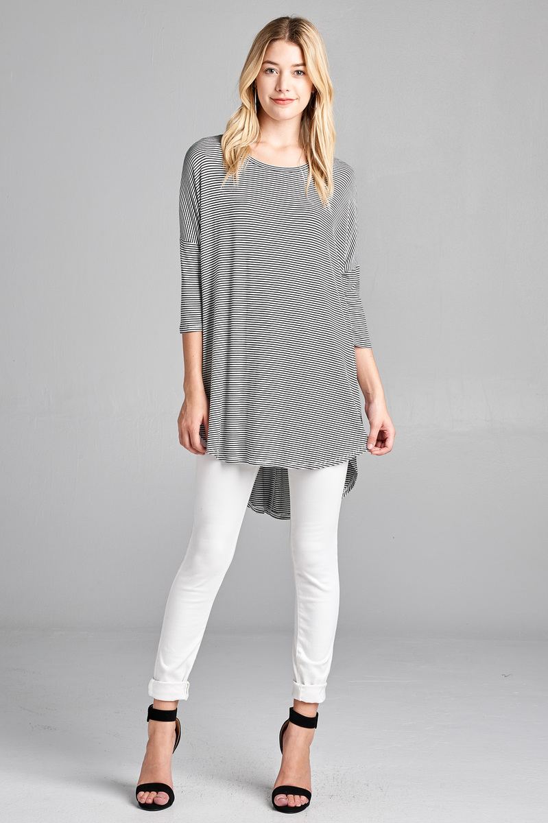 Ladies fashion plus size 3/4 dolman sleeve round neck w/back flare dart detail high and low stripe rayon spandex top