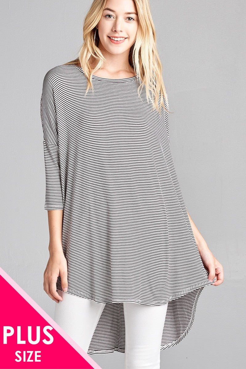 Ladies fashion plus size 3/4 dolman sleeve round neck w/back flare dart detail high and low stripe rayon spandex top