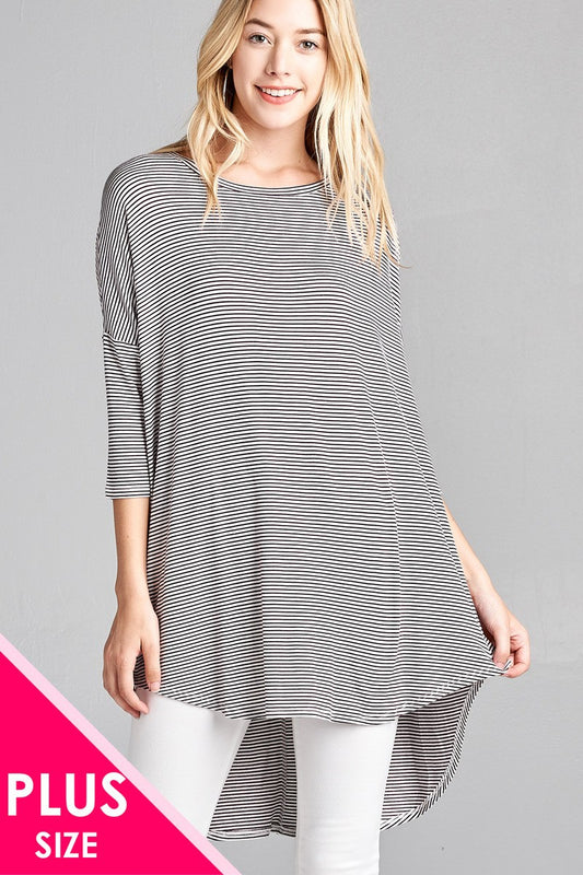 Ladies fashion plus size 3/4 dolman sleeve round neck w/back flare dart detail high and low stripe rayon spandex top