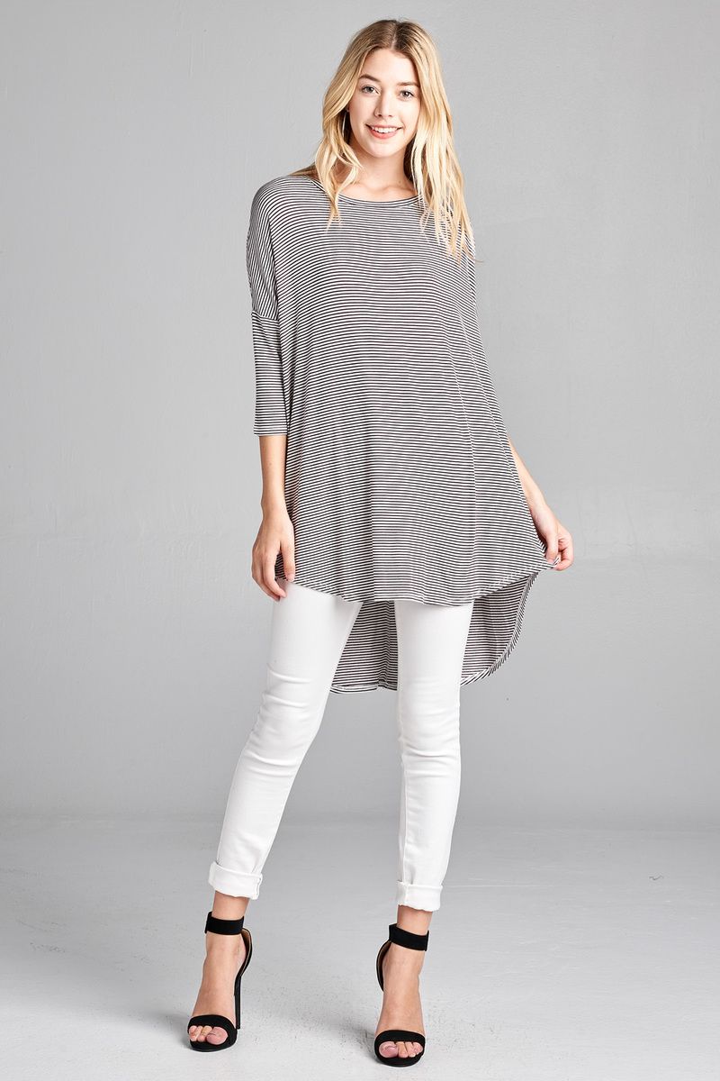 Ladies fashion plus size 3/4 dolman sleeve round neck w/back flare dart detail high and low stripe rayon spandex top