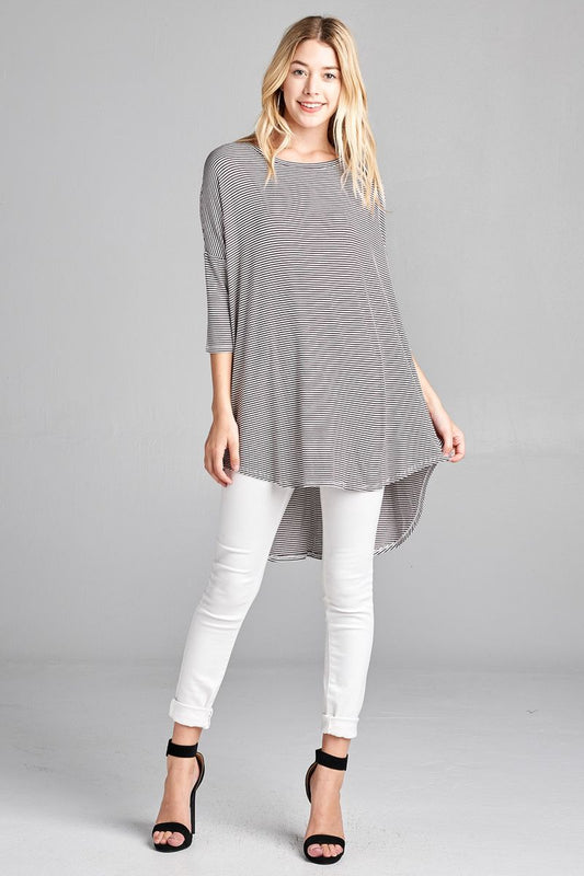 Ladies fashion plus size 3/4 dolman sleeve round neck w/back flare dart detail high and low stripe rayon spandex top