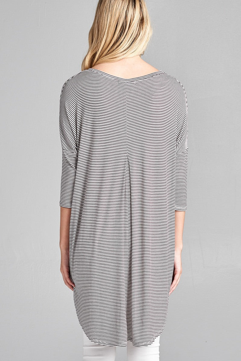 Ladies fashion plus size 3/4 dolman sleeve round neck w/back flare dart detail high and low stripe rayon spandex top