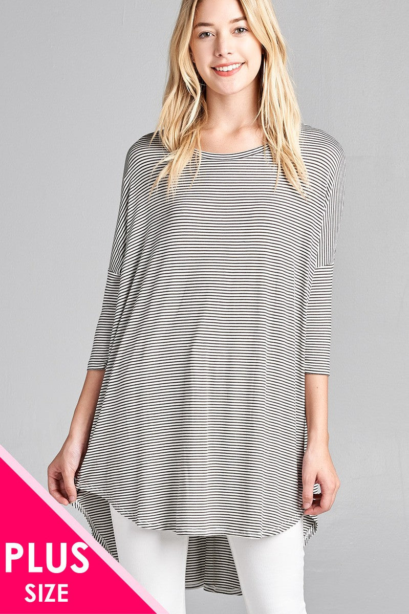 Ladies fashion plus size 3/4 dolman sleeve round neck w/back flare dart detail high and low stripe rayon spandex top
