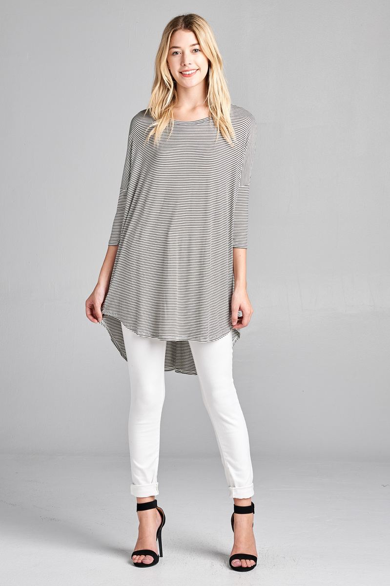 Ladies fashion plus size 3/4 dolman sleeve round neck w/back flare dart detail high and low stripe rayon spandex top