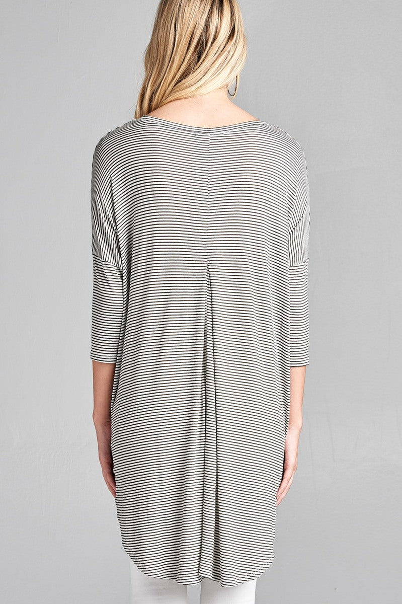 Ladies fashion plus size 3/4 dolman sleeve round neck w/back flare dart detail high and low stripe rayon spandex top