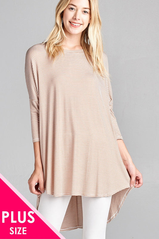 Ladies fashion plus size 3/4 dolman sleeve round neck w/back flare dart detail high and low stripe rayon spandex top