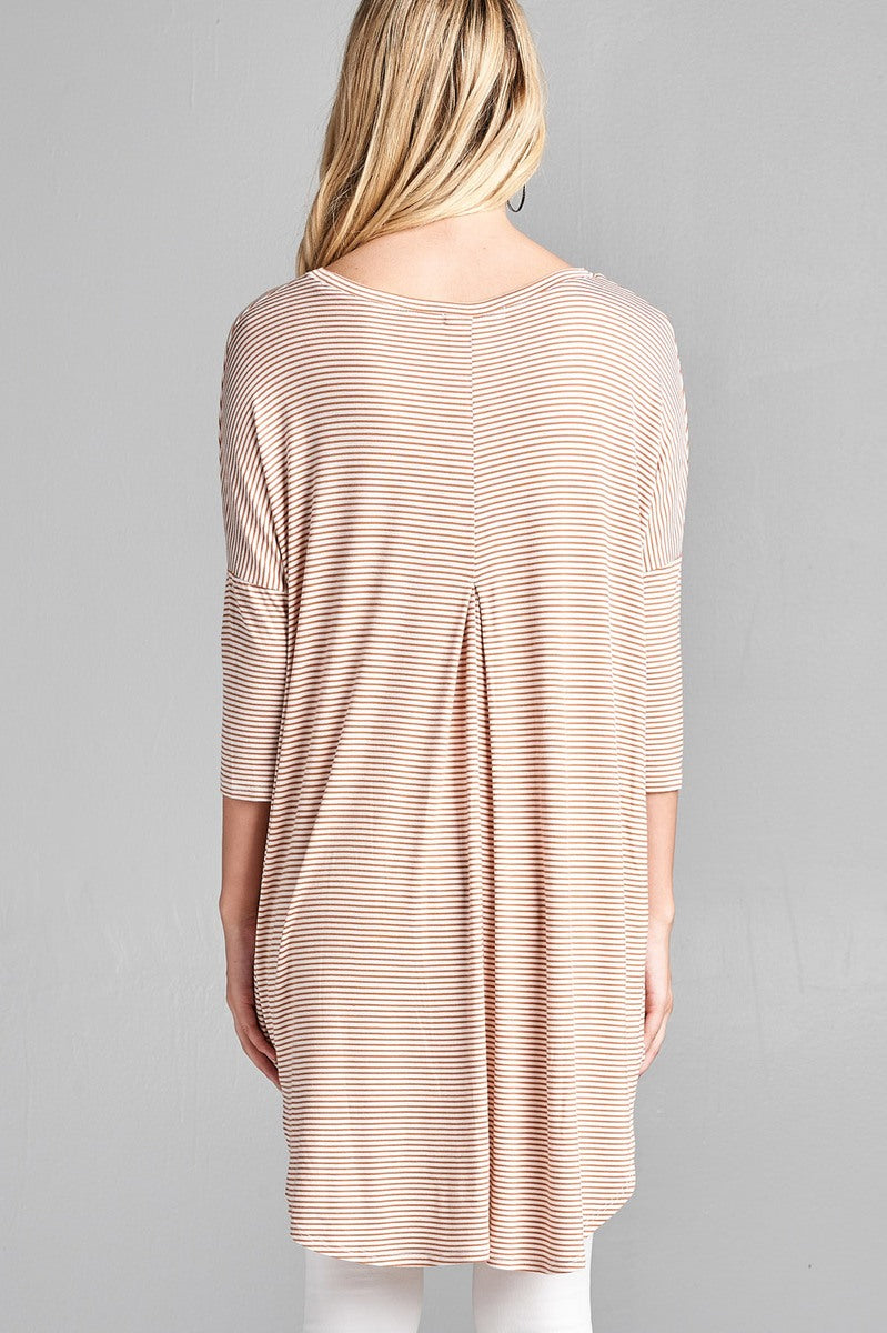 Ladies fashion plus size 3/4 dolman sleeve round neck w/back flare dart detail high and low stripe rayon spandex top