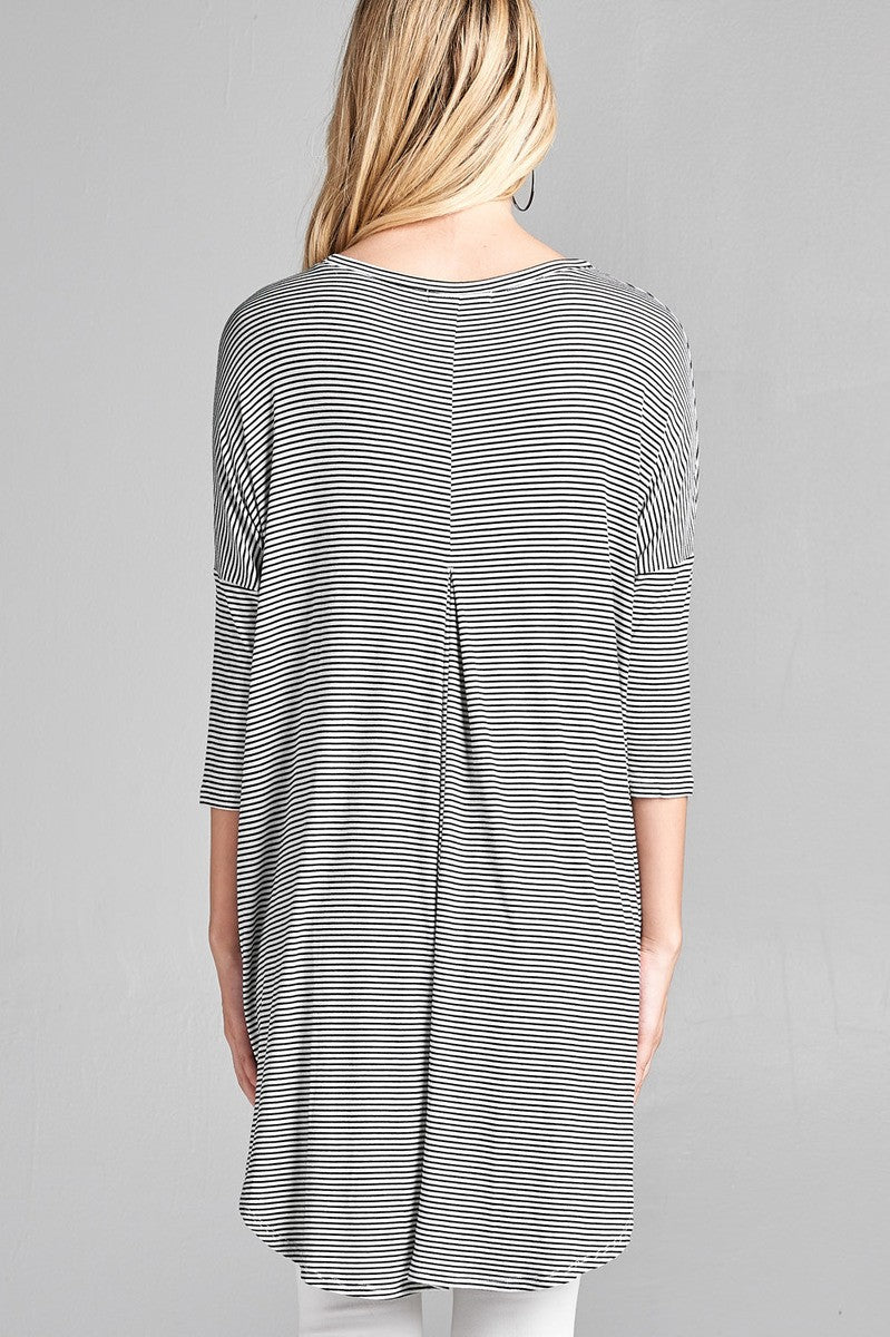 Ladies fashion plus size 3/4 dolman sleeve round neck w/back flare dart detail high and low stripe rayon spandex top