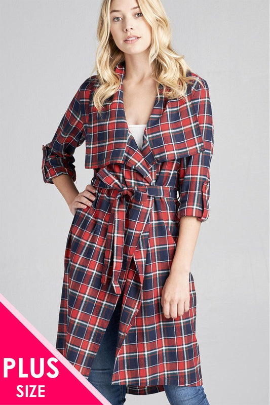 Ladies fashion plus size 3/4 roll up sleeve shawl lapel hand kerchiefef hem plaid woven jacket