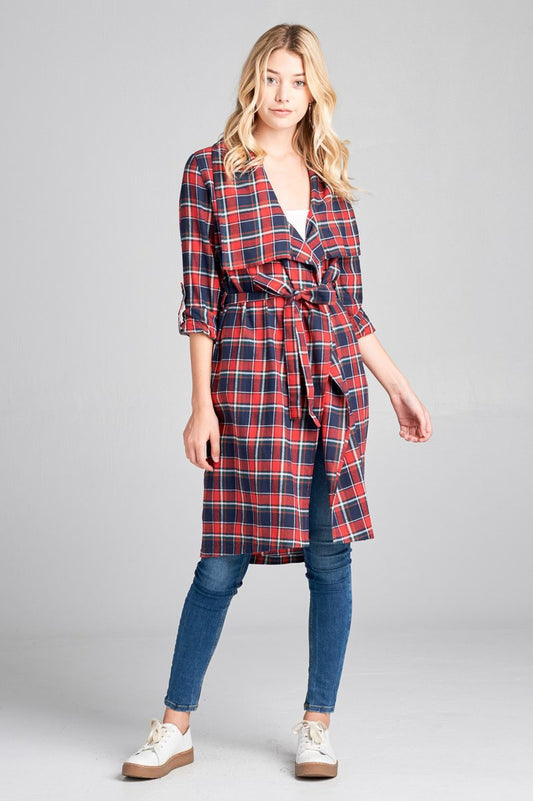 Ladies fashion plus size 3/4 roll up sleeve shawl lapel hand kerchiefef hem plaid woven jacket