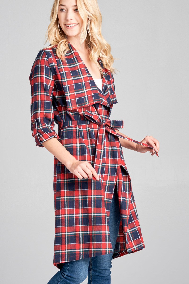 Ladies fashion plus size 3/4 roll up sleeve shawl lapel hand kerchiefef hem plaid woven jacket