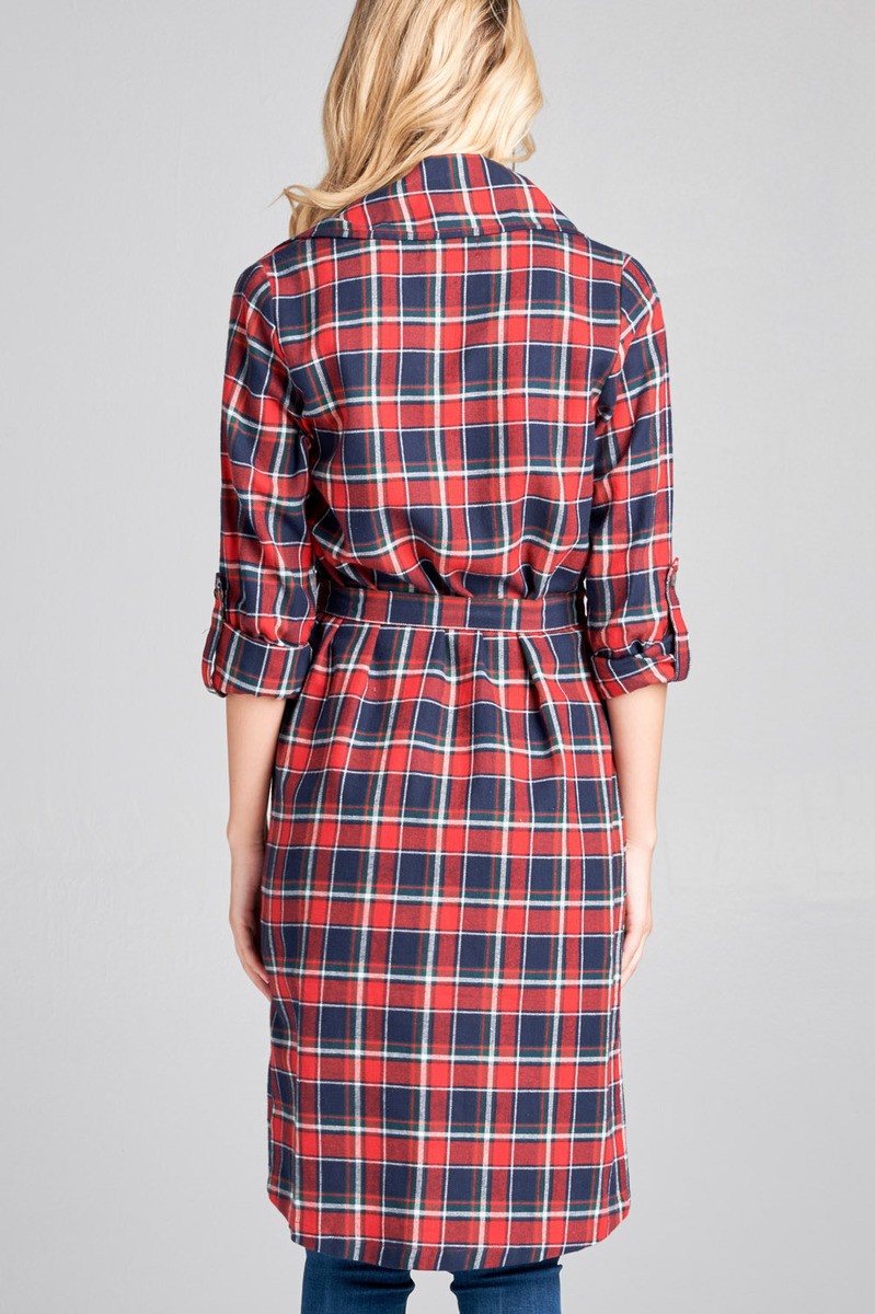 Ladies fashion plus size 3/4 roll up sleeve shawl lapel hand kerchiefef hem plaid woven jacket
