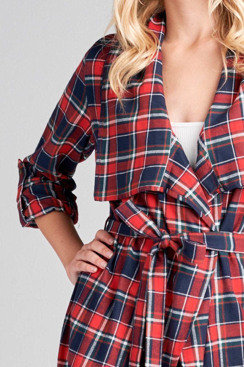 Ladies fashion plus size 3/4 roll up sleeve shawl lapel hand kerchiefef hem plaid woven jacket