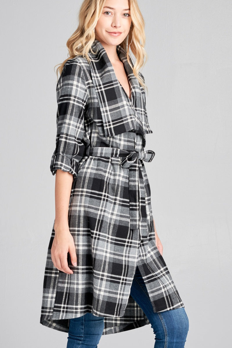 Ladies fashion plus size 3/4 roll up sleeve shawl lapel hand kerchiefef hem plaid woven jacket