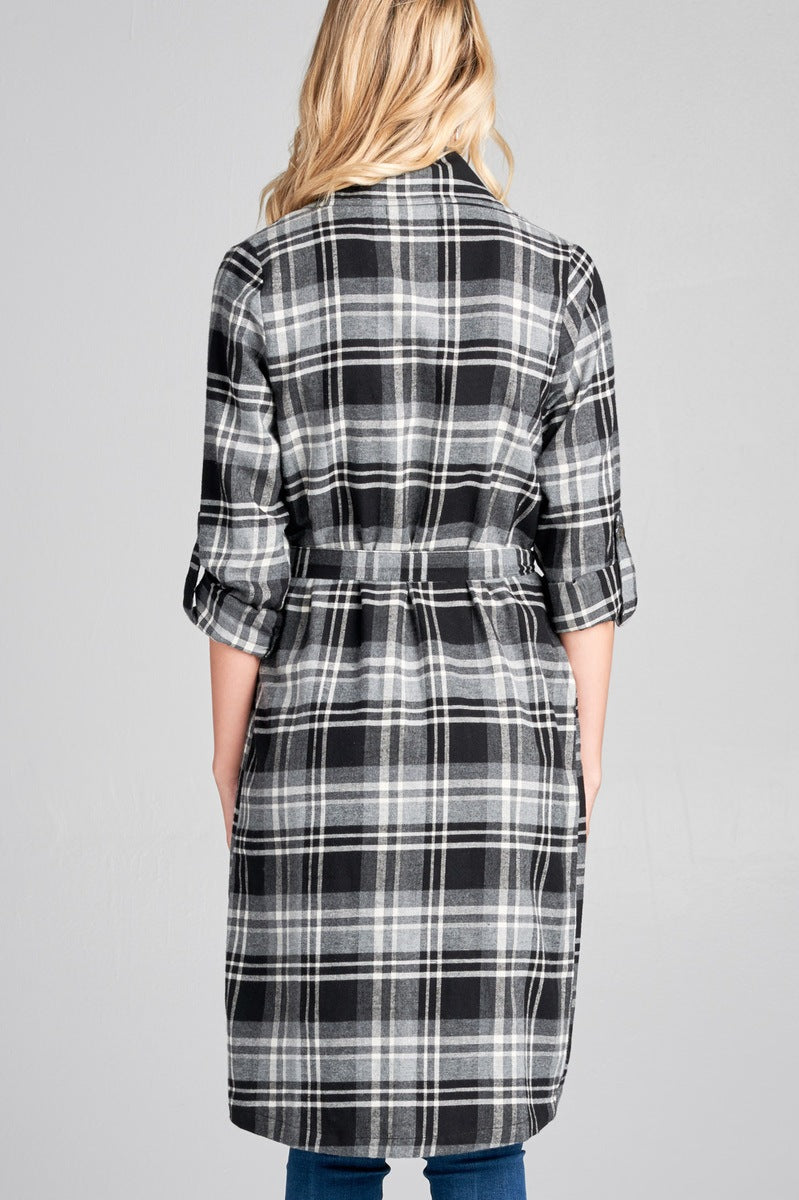 Ladies fashion plus size 3/4 roll up sleeve shawl lapel hand kerchiefef hem plaid woven jacket