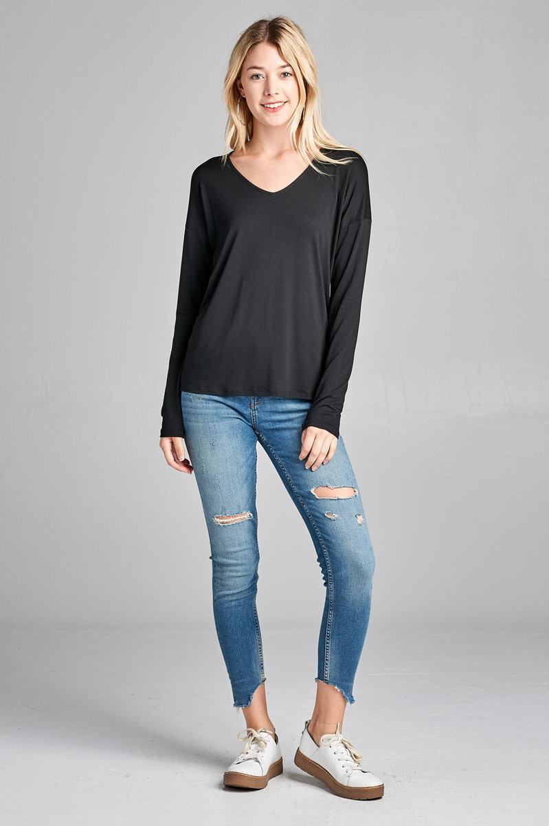 Ladies fashion plus size long dolman sleeve v-neck rayon spandex knit top