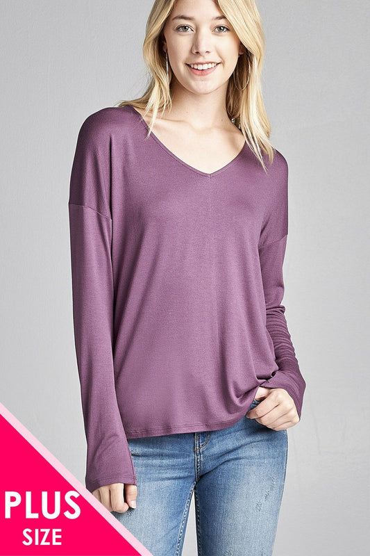 Ladies fashion plus size long dolman sleeve v-neck rayon spandex knit top