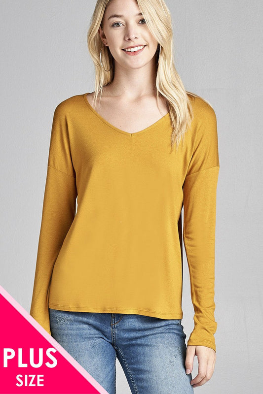 Ladies fashion plus size long dolman sleeve v-neck rayon spandex knit top