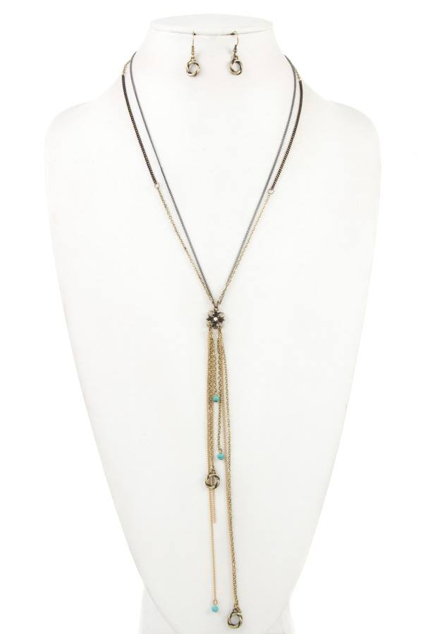 Double chain floral link long necklace set