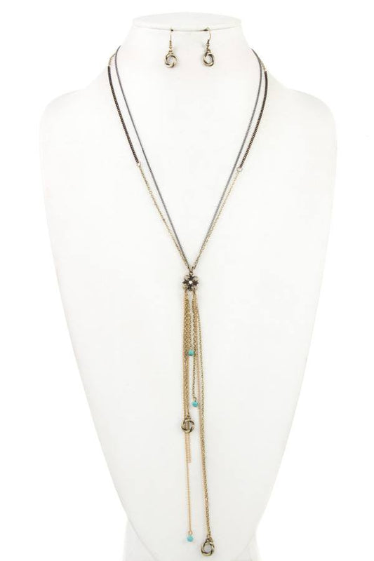Double chain floral link long necklace set