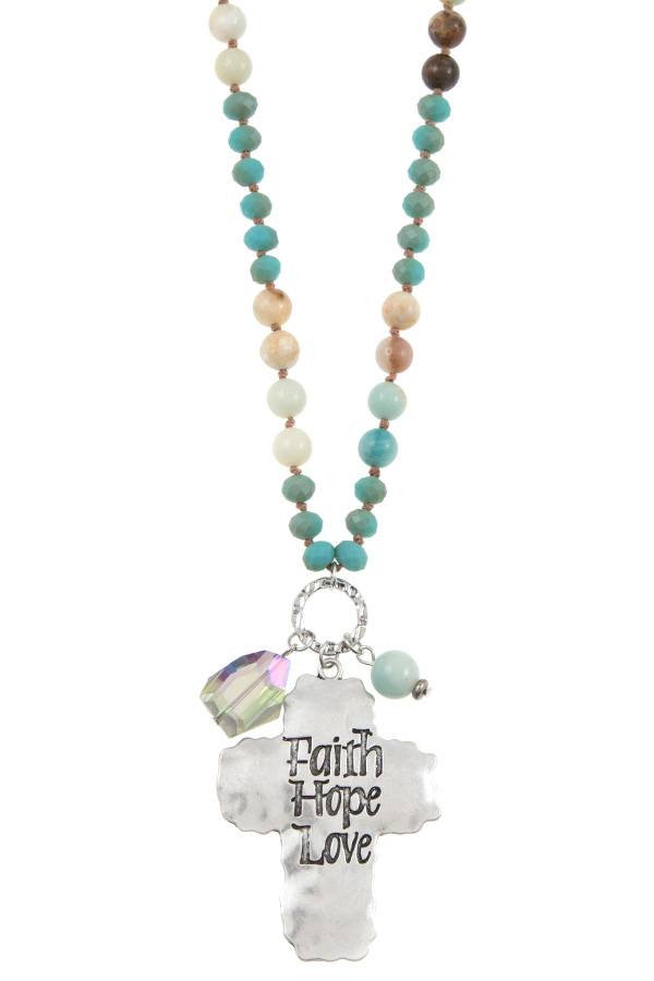 Faith hope love etched cross bead necklace set