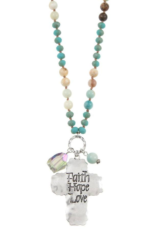 Faith hope love etched cross bead necklace set