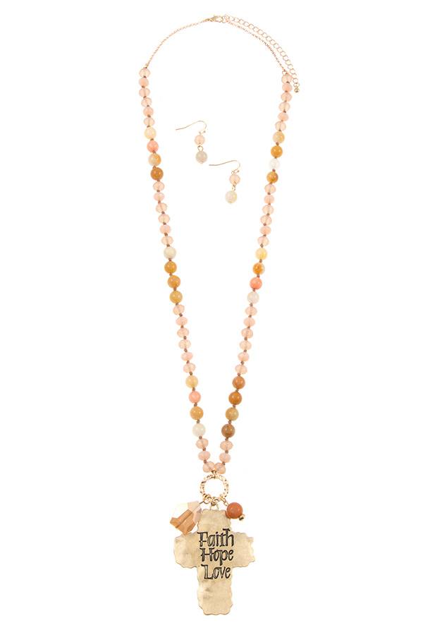 Faith hope love etched cross bead necklace set